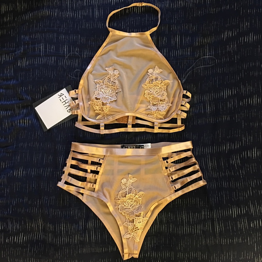 Rehab Nude/Blush Strappy Lace Bralette & High-Waist Panty Set